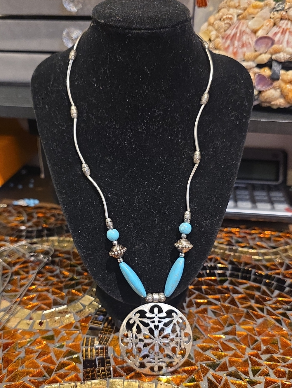 Source Unknown Turquoise Blue Bead Silver Filigree Pendant Necklace